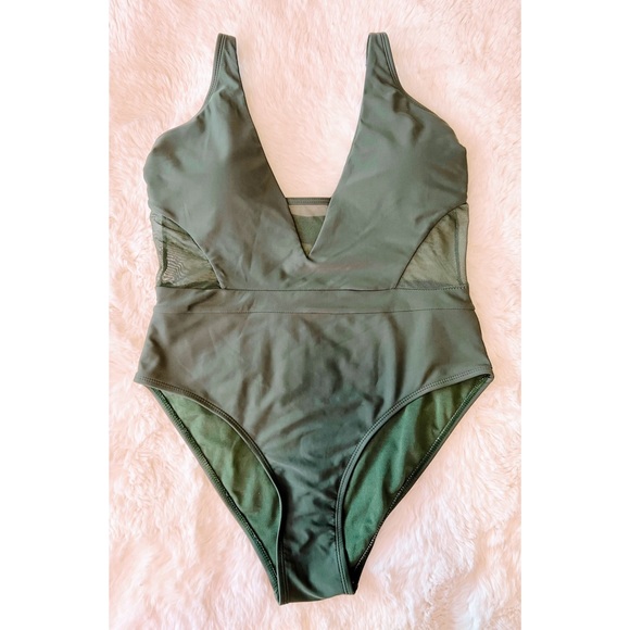 EUC Tinibikini Women’s Olive Green One Piece Swimsuit Mesh Panels Medium 1 Flaw - Picture 4 of 11